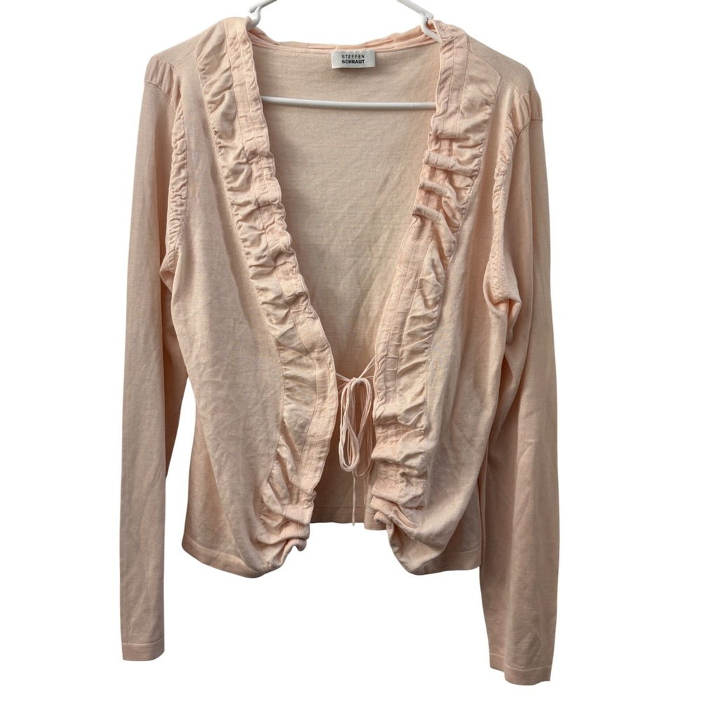 Steffen Schraut Silk Cotton Ruffle Tie Front Cardigan Pale Pink Womens 40 L